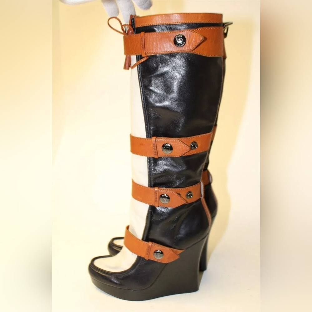 L.A.M.B. Baby  7.5 39 Leather Wedge Strap Knee High Boots - Picture 5 of 15
